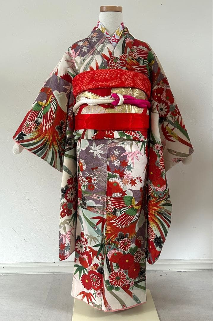 7歳　七五三　アンティーク正絹着物、アンティーク帯、帯揚げ、帯締め　しごきセット