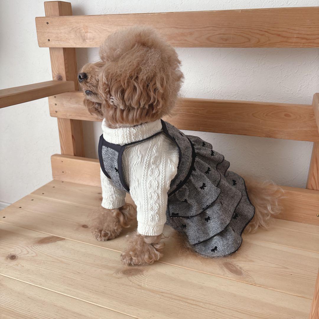 ハンドメイド　ヘリンボーンツイードリボン　ティアードワンピース　前開きワンピース