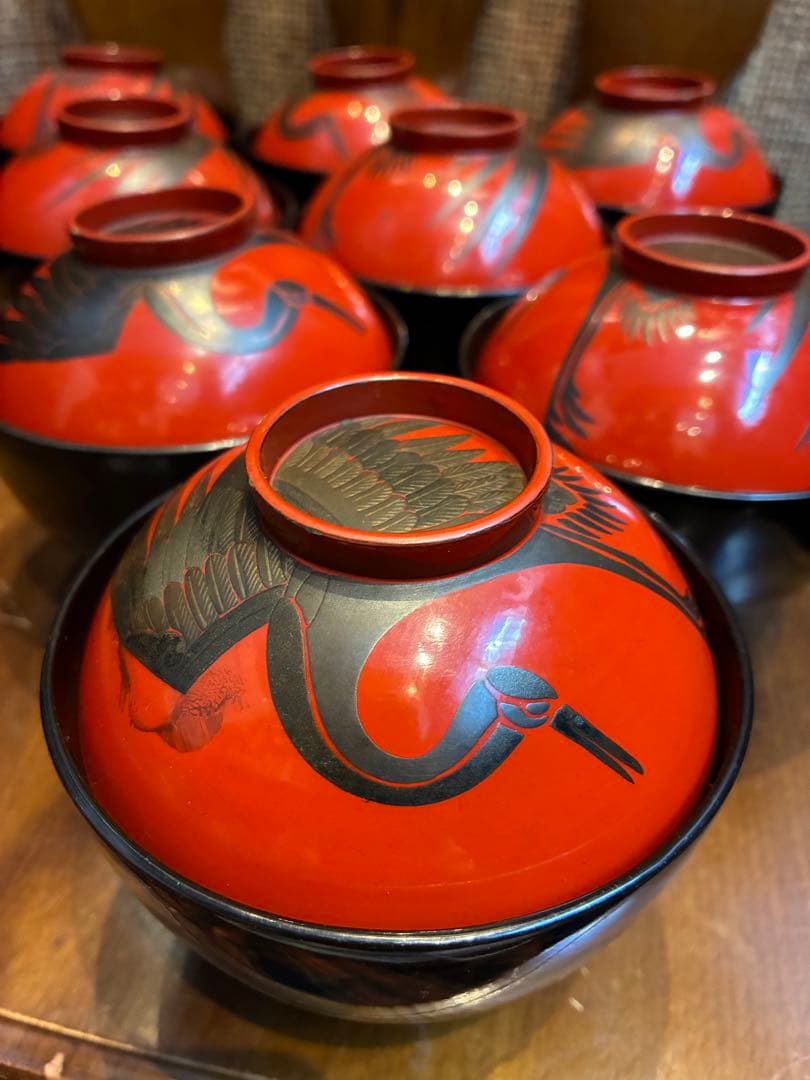 漆器　木製　吸物椀　8客　鶴文　蒔絵　輪島塗