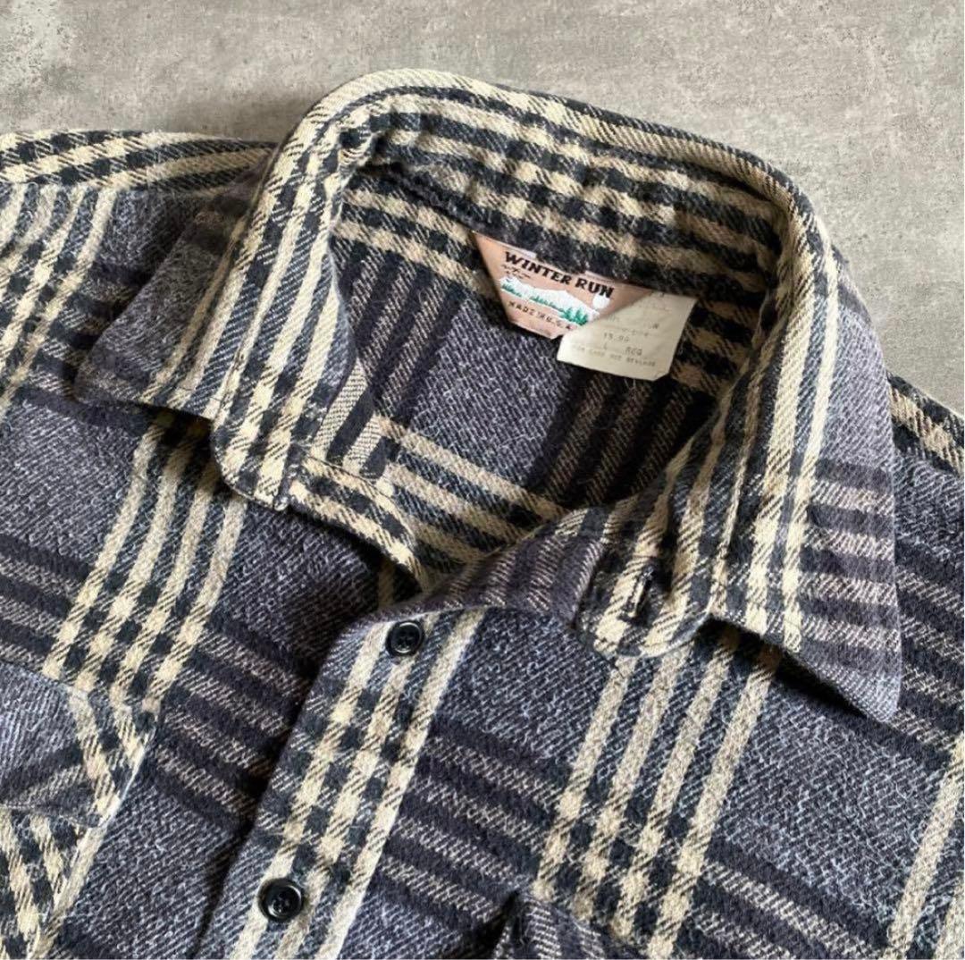 70s 80s WINTER RUN ネルシャツ 灰色×黒×白 USA製 L