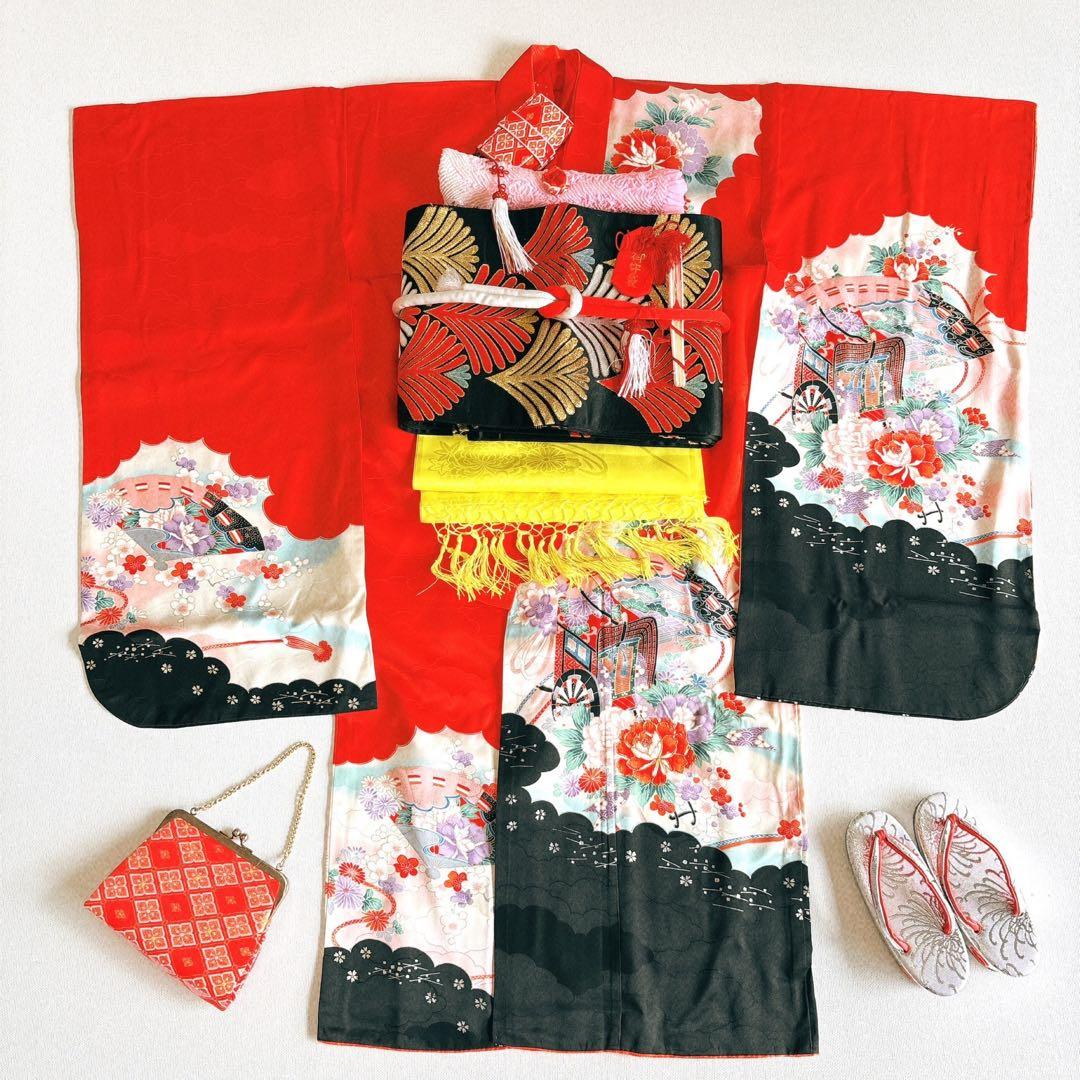 七五三　7歳　女の子　着物フルセット　小物セット　赤×黒♡すぐ着れます　5241