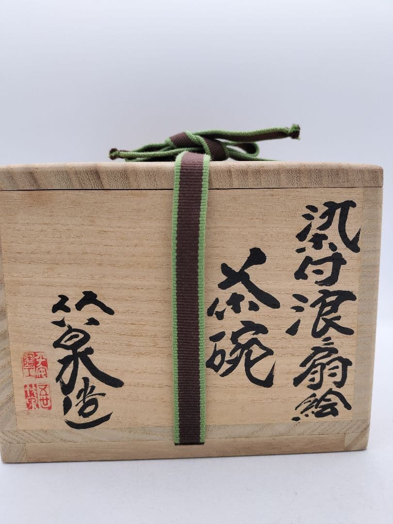 c533 【新品・未使用】茶碗 染付浪に扇絵 五代 三浦竹泉 木箱 茶道具