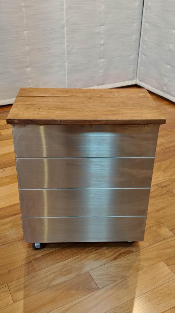 美品　【希少デザイン】ステンレスダストボックス／ゴミ箱 無垢材製天板付き