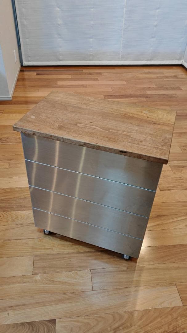 美品　【希少デザイン】ステンレスダストボックス／ゴミ箱 無垢材製天板付き