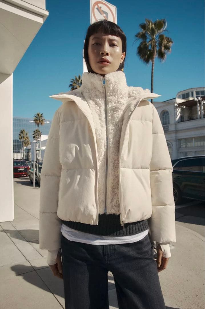 【ZARA】フェイクシープスキンフード付き撥水ウィンドブレーカー アノラック L