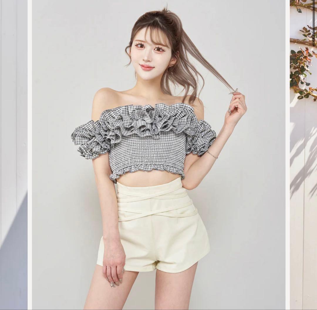 ダーリッチ Darich ギンガムチェックオフショルトップス GRY