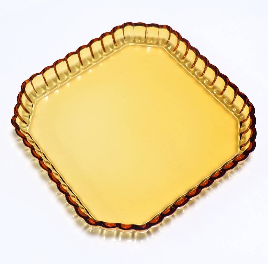 オールド・バカラ 珍品 スクエア型 琥珀色 大型トレー センターピース アンバー