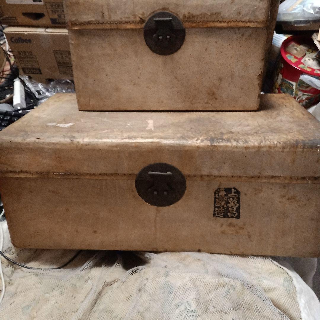 大正レトロ　海上萬昌威造　表面皮　木製箱 青い内装