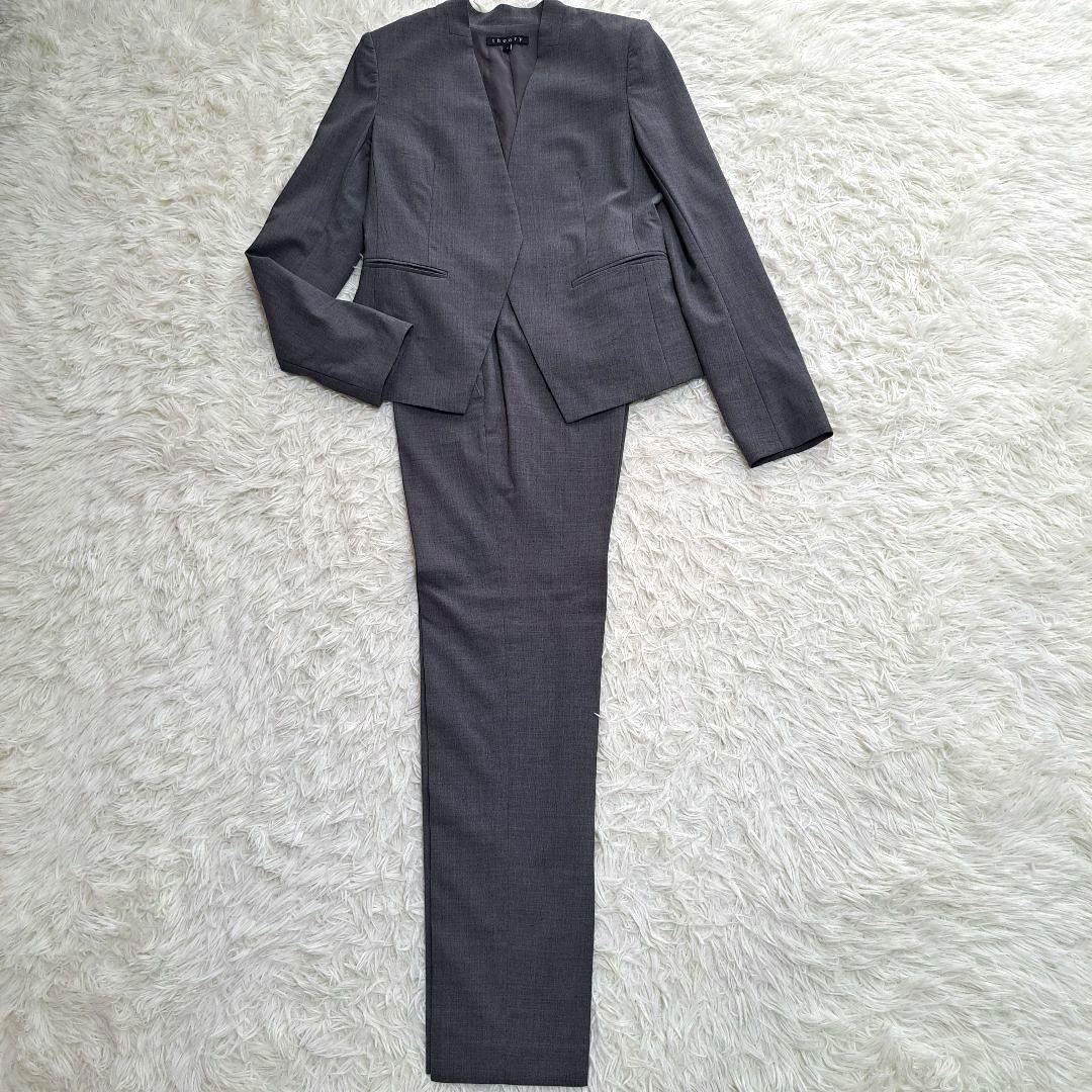 【Theory】ノーカラージャケット　パンツ　セットアップスーツ　グレー