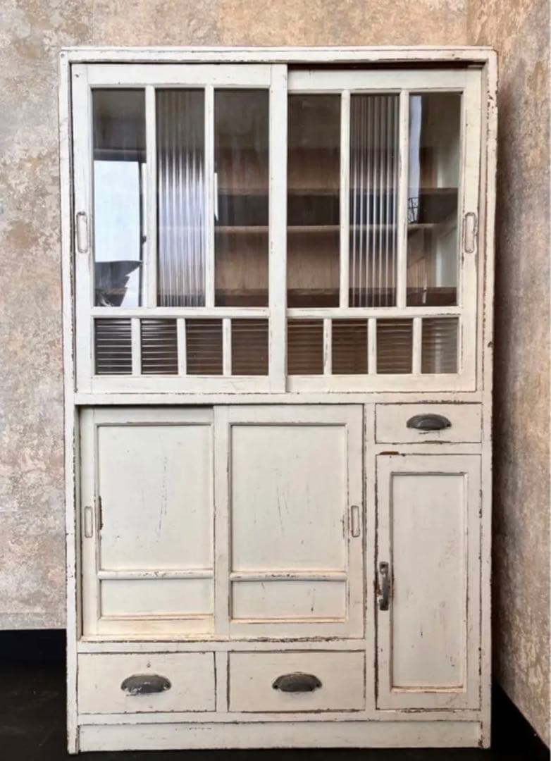 希少 アンティーク ホワイト シャビー 食器棚