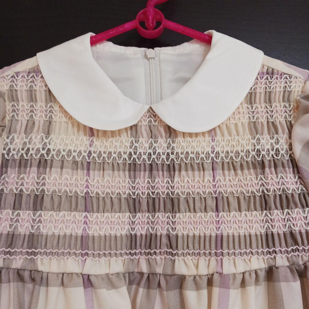 BURBERRY120白チェック柄 半袖ワンピース ベージュ系