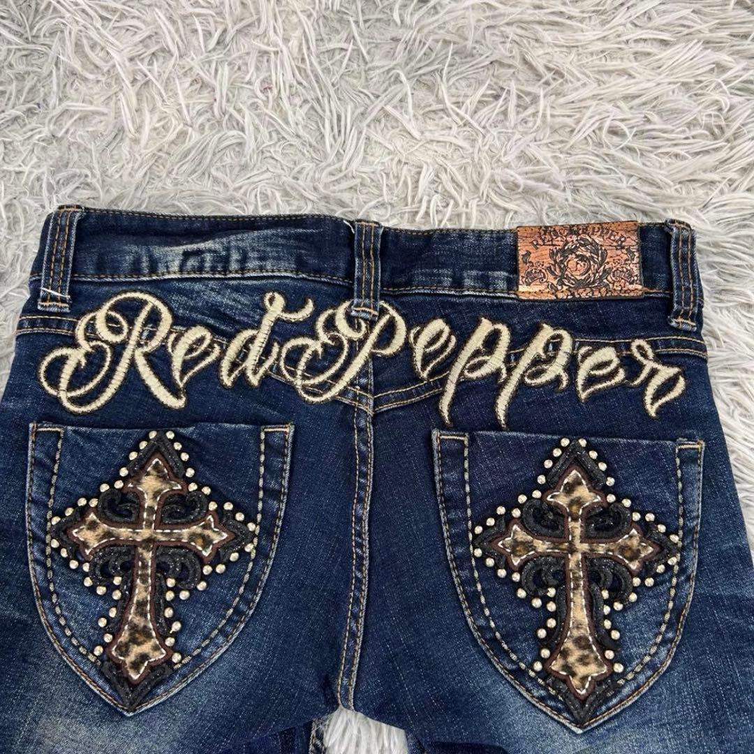 【レッドペッパー】　十字架 ローライズデニム ロゴ刺繍 ヒョウ柄　デニム