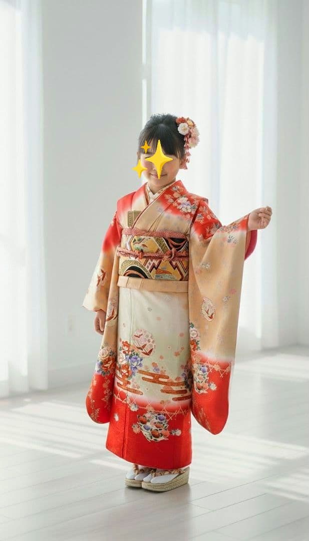 7歳　正絹杏子色牡丹　七五三　お着物・帯セット
