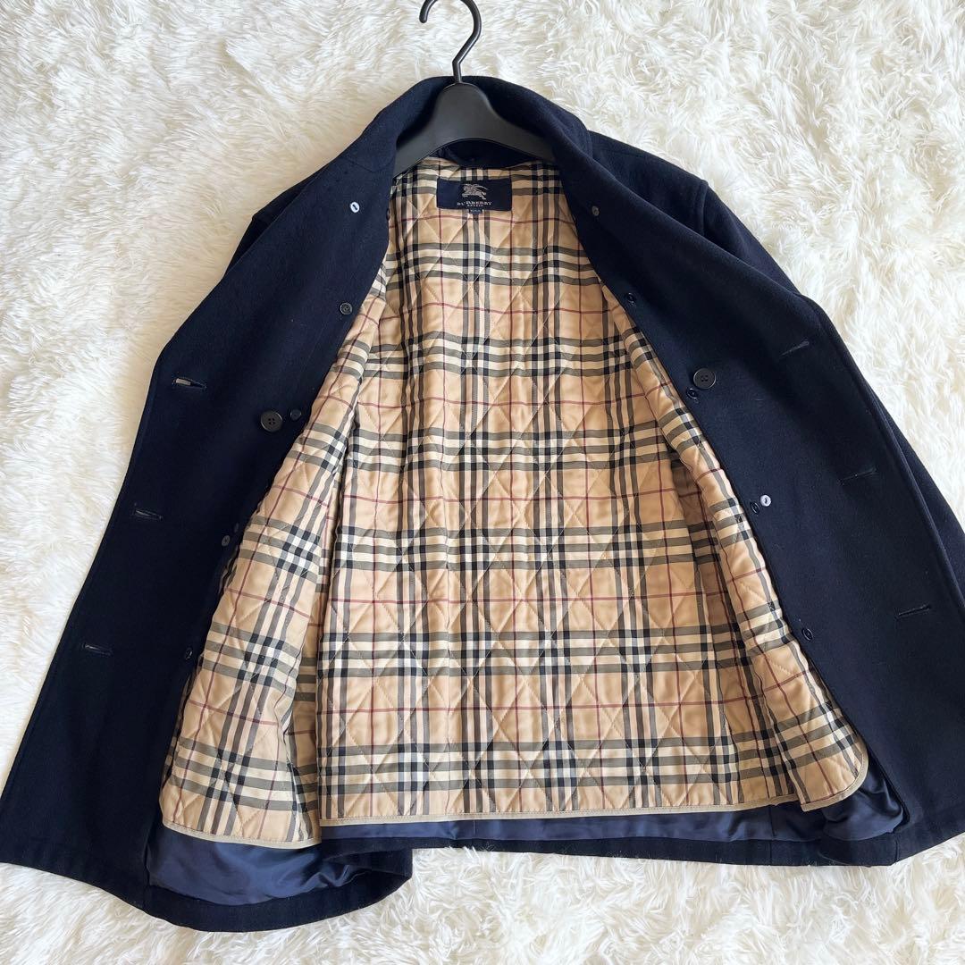 美品　バーバリー　ウールピーコート　中わたライナー付き　ノバチェック　ネイビー