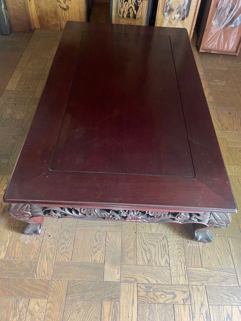 高級唐木　獅子龍彫刻付き漆仕上げ長座卓　150センチ幅テーブル一枚板　座卓