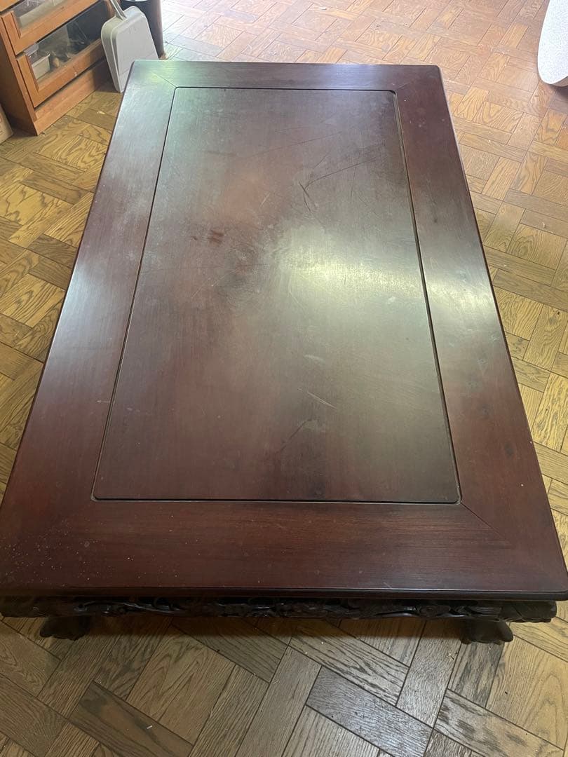 高級唐木　獅子龍彫刻付き漆仕上げ長座卓　150センチ幅テーブル一枚板　座卓