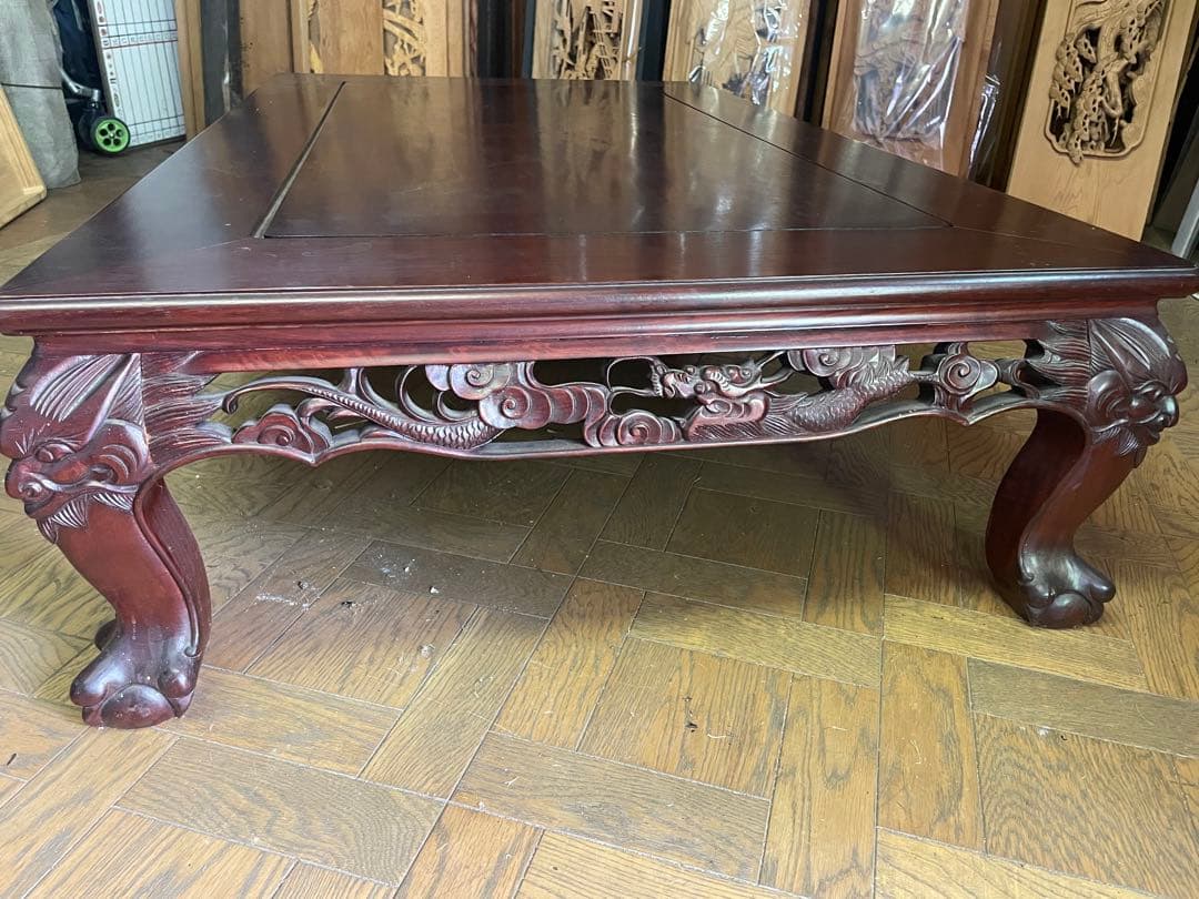 高級唐木　獅子龍彫刻付き漆仕上げ長座卓　150センチ幅テーブル一枚板　座卓