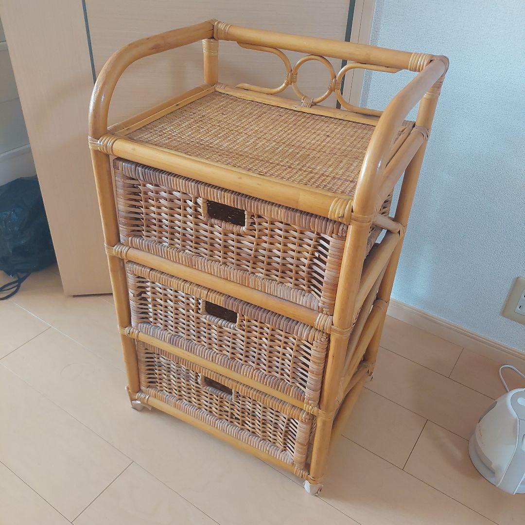 ラタン 3段引き出し ランドリーラック　木製　籐箪笥　昭和レトロ　ビンテージ