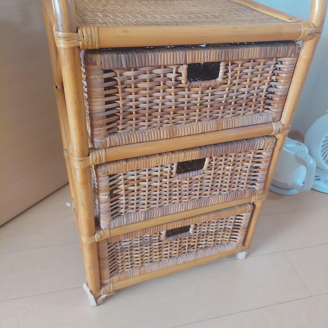 ラタン 3段引き出し ランドリーラック　木製　籐箪笥　昭和レトロ　ビンテージ