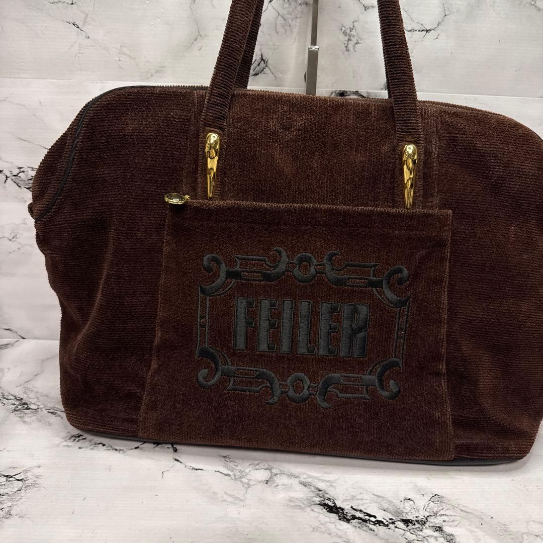 (美品)大人気、フェイラー、ボストンバッグ、大容量、シェニール織、人気色、茶、金
