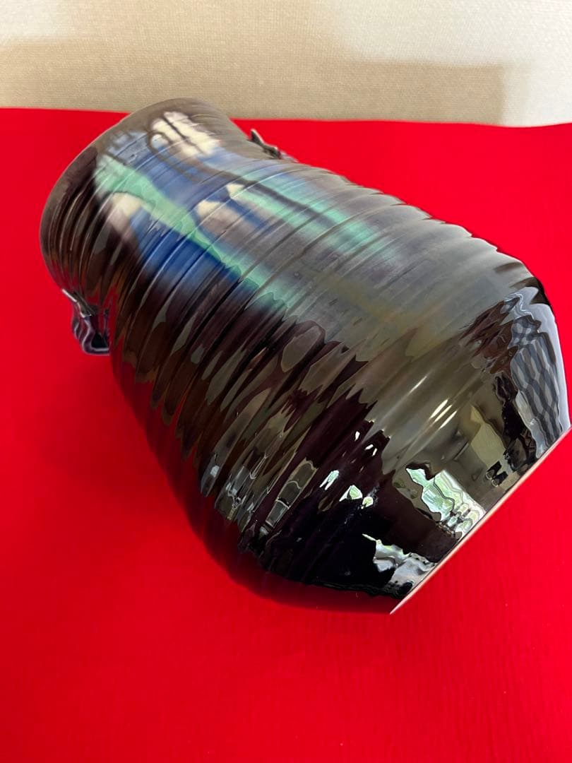 【大型】人間国宝 徳田八十吉  (正彦銘) 彩釉 耳付き 花瓶 管理T201