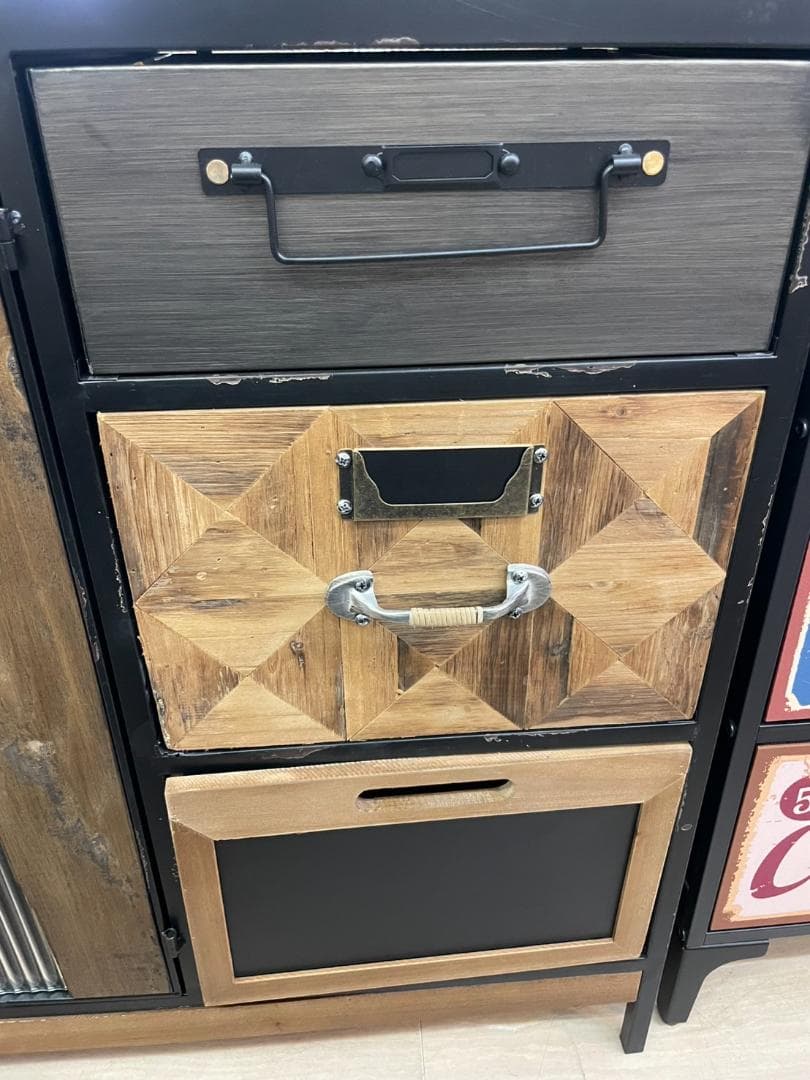 天然木　スチール　キャビネット　インダストリアル　サイドボード　引出　レトロ　棚