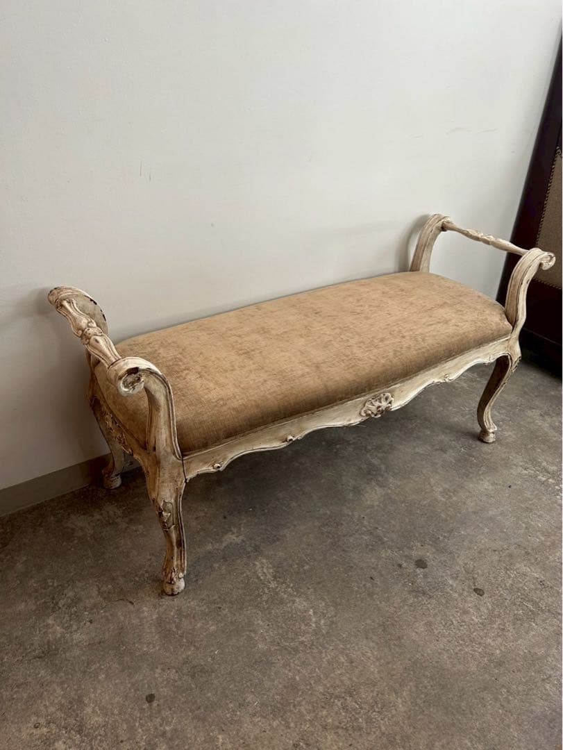 アンティークベンチ 木製 布張り