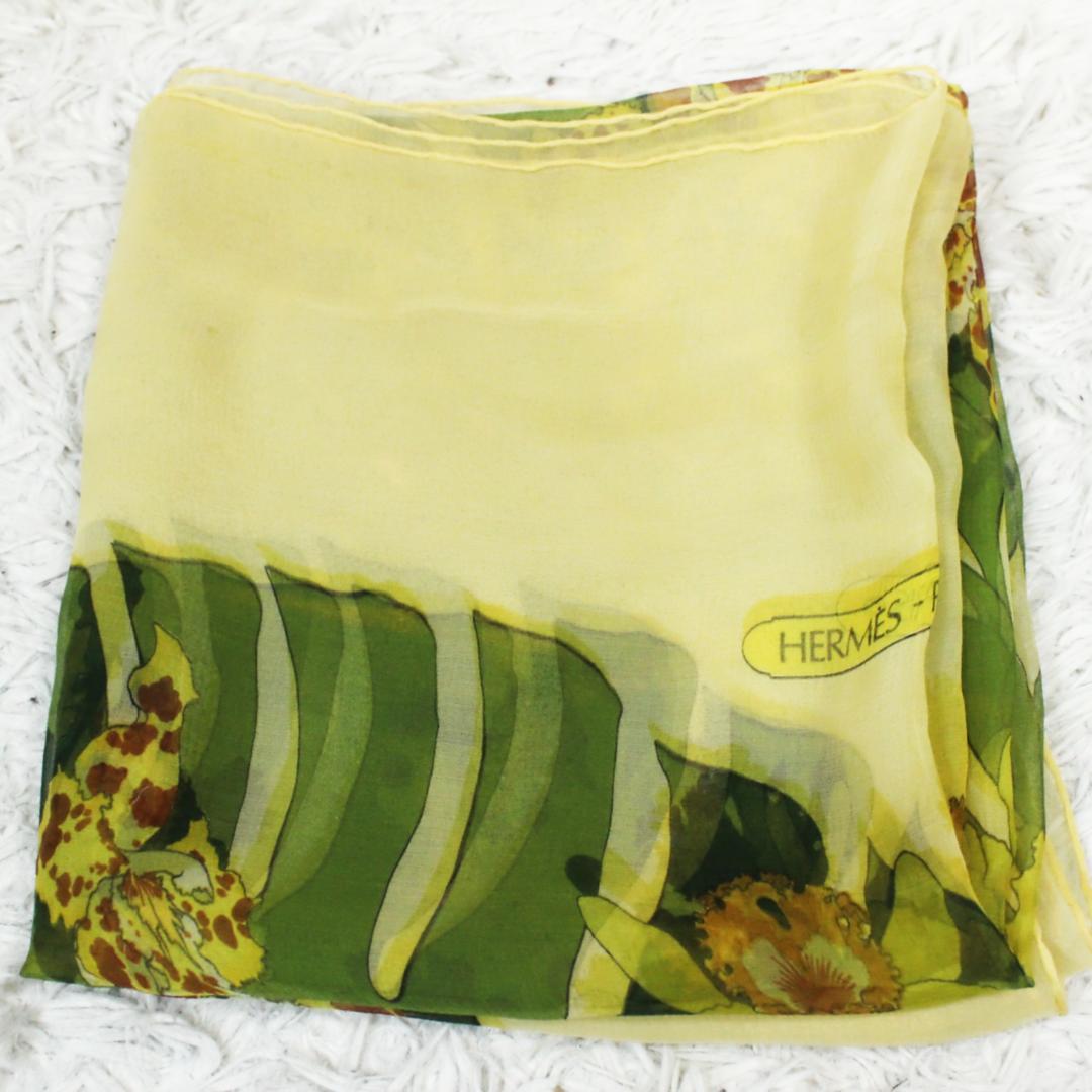 激レア 極美品 エルメス スカーフ 花柄 大判 薄手 イエロー HERMES
