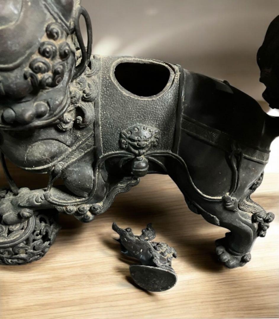 旧家　古い銅製　高炉　獅子　古銅宣徳銅　神獣　魔除　縁起物　彫金　玉獅子