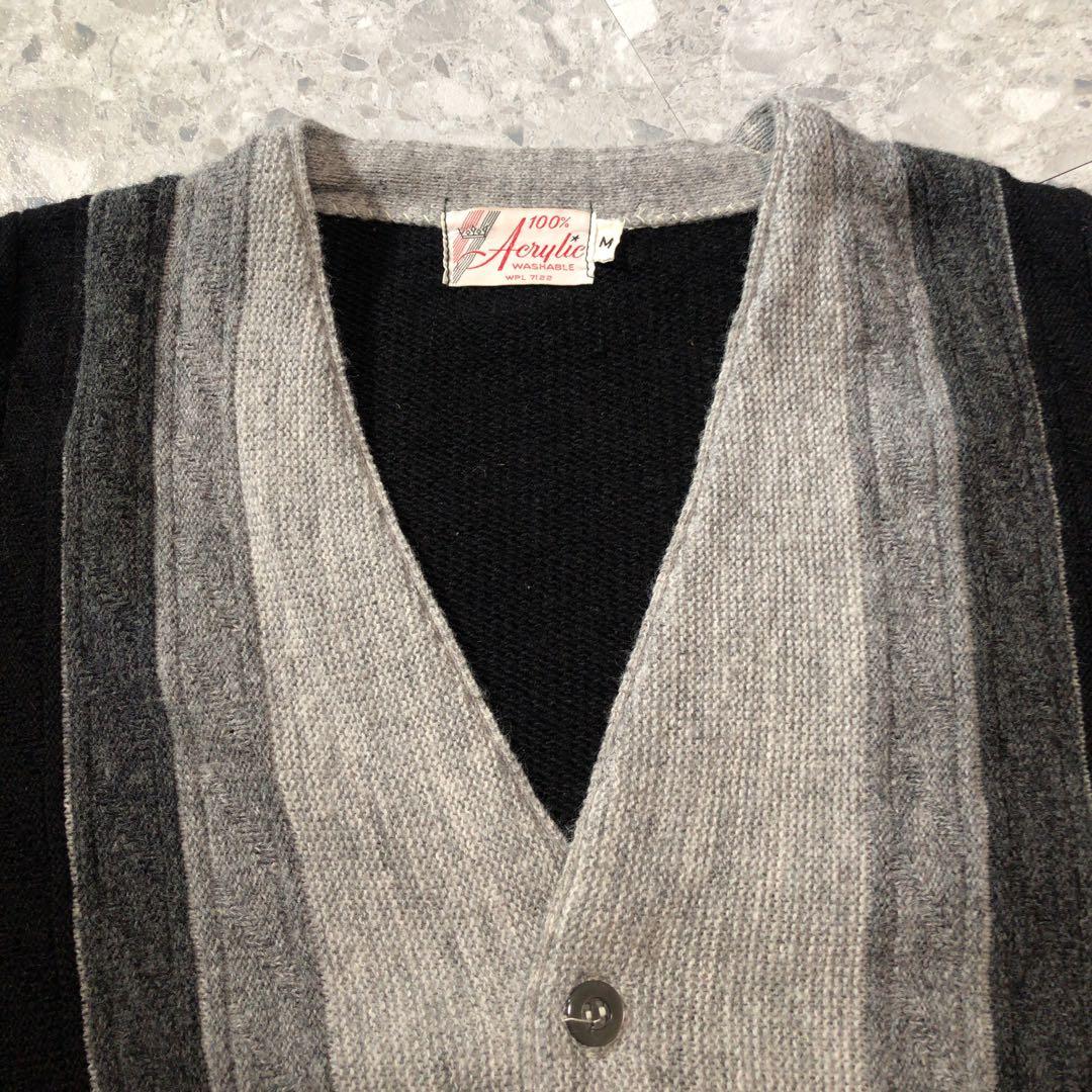 70s ヴィンテージ　アクリルカーディガン　ストライプ　ブラック　モノ