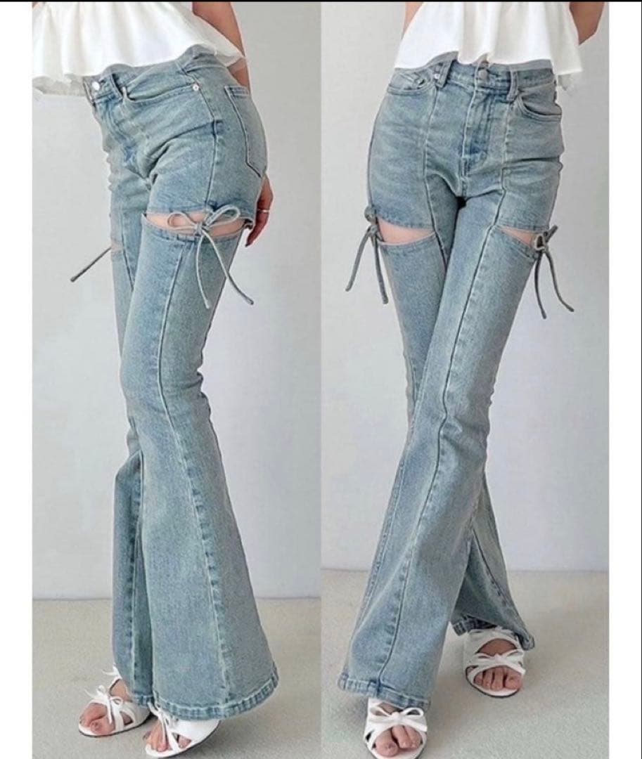 RESEXXY カットアウトリボンデニムパンツ ライトブルー XS