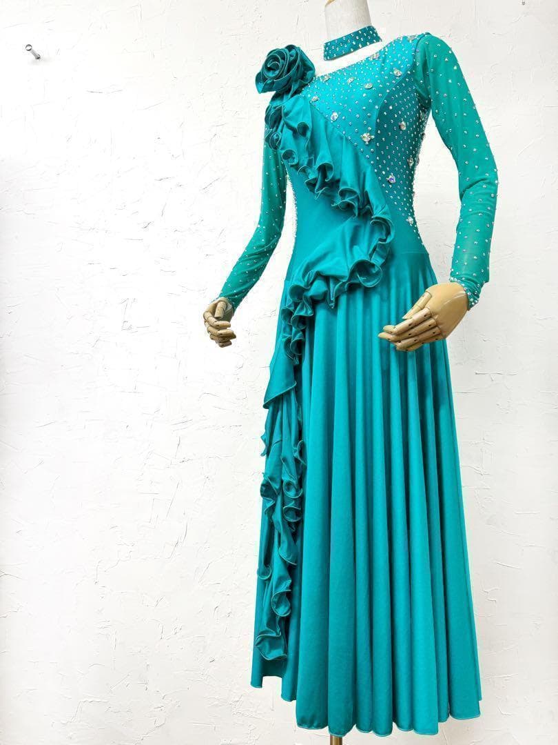 ミミ【Lサイズ】エメラルドグリーン　フリルワンピースドレス　ｇ034