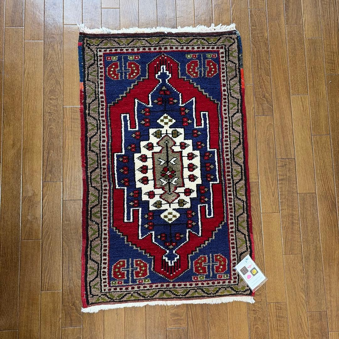 トルコ絨毯　手織り玄関マット　wool100% 未使用ビンテージ　86×51