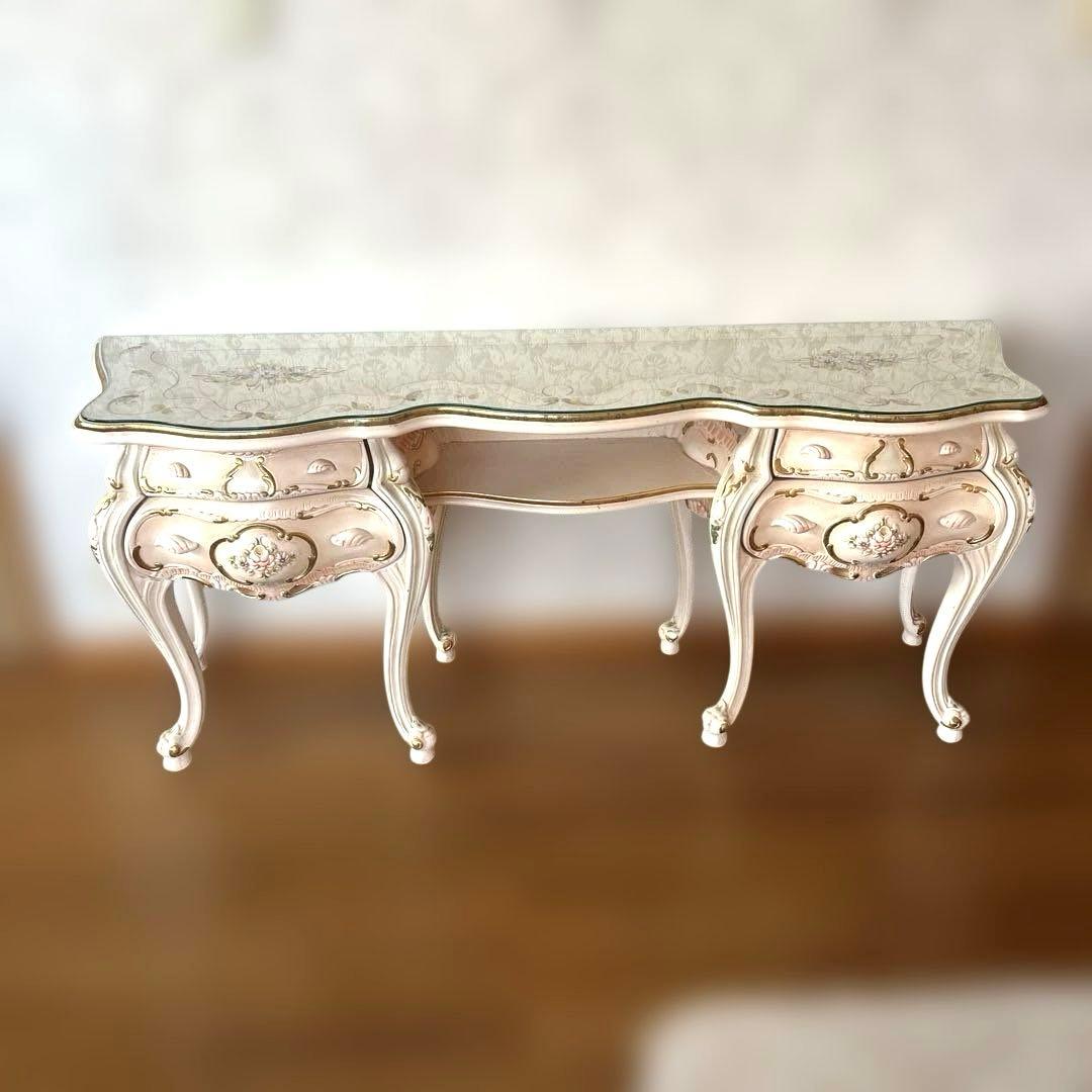 ロココ調のピンクのドレッサー ミラー、椅子 3点セット