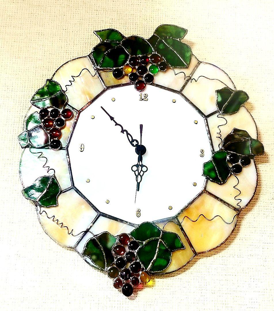 ステンドグラス　ぶどうモチーフの壁掛け時計(ウォールクロック)