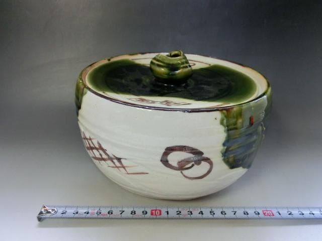 水指■織部焼き 緑釉 涙痕 大振り 大きい 平水指 陶器 お茶道具 時代物骨董■