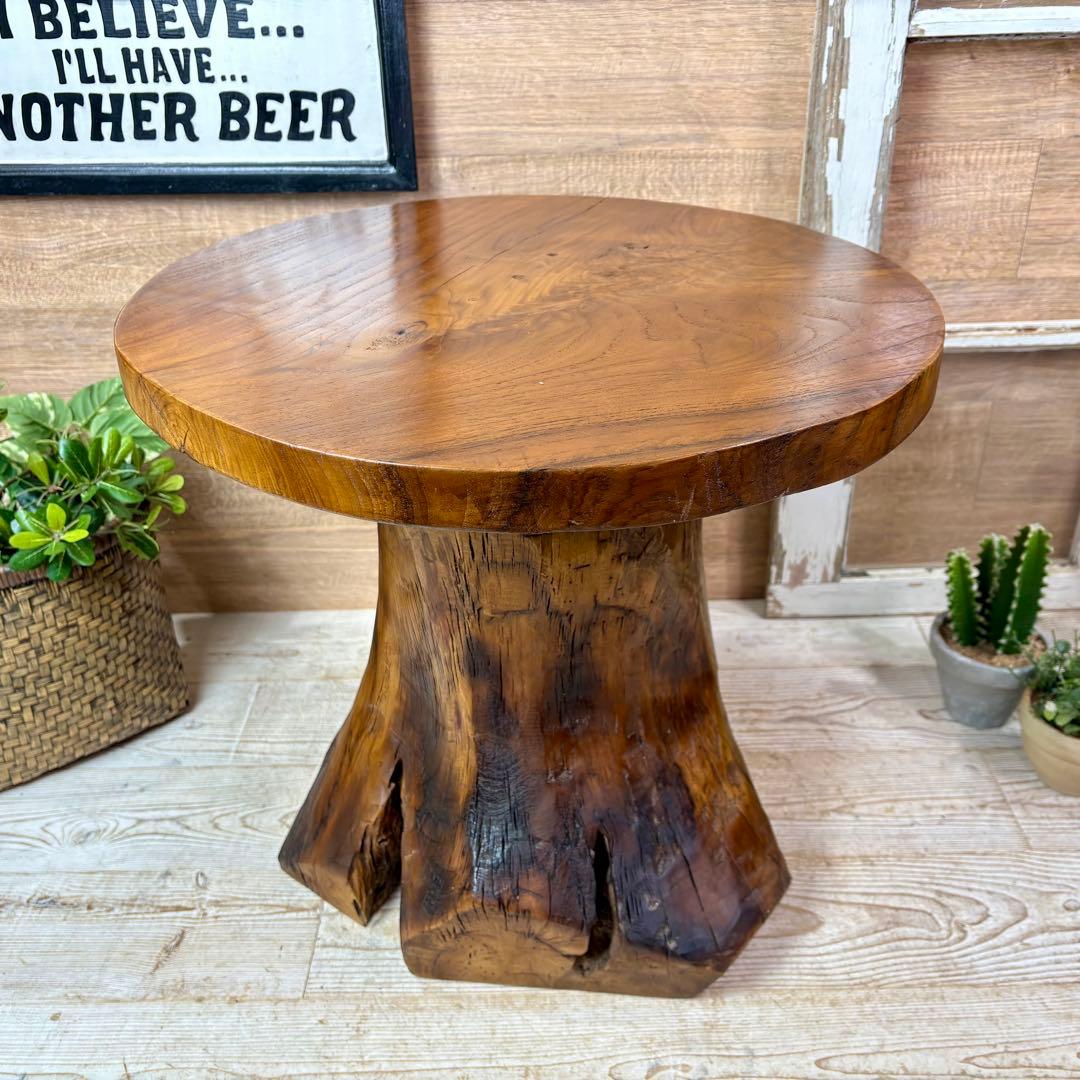 新商品入荷オールドチーク天然無垢丸太花台L（50㎝×50㎝）サイドテーブル飾り台