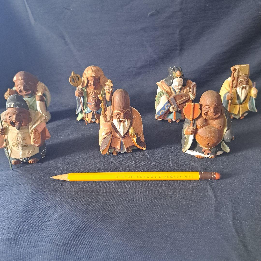 「絶妙です! 彩色木製工芸品 七福神像(脊高 約7cm）7体」 骨董アンティーク