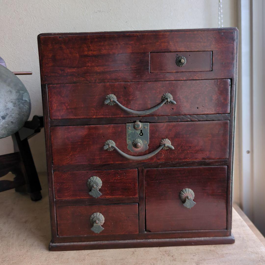 骨董 箪笥 鏡台 引き出し 木製 漆器 鏡立て 時代鏡付 整理箪笥 金具