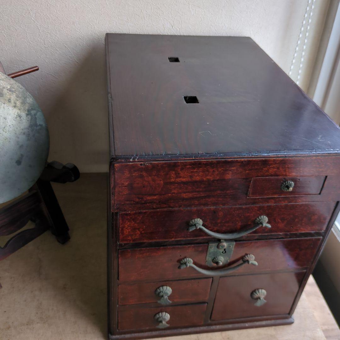 骨董 箪笥 鏡台 引き出し 木製 漆器 鏡立て 時代鏡付 整理箪笥 金具