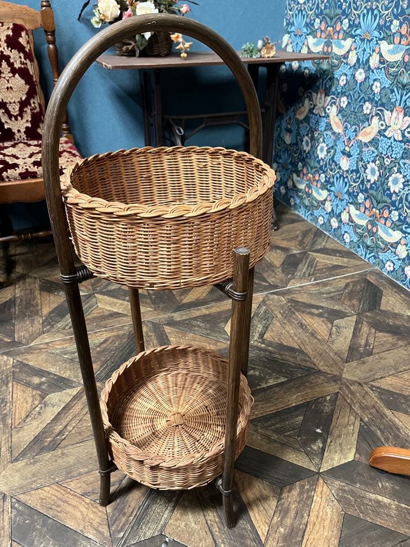 はるなな＊籐 ラタン 2段 バスケット かご インテリア 昭和レトロ