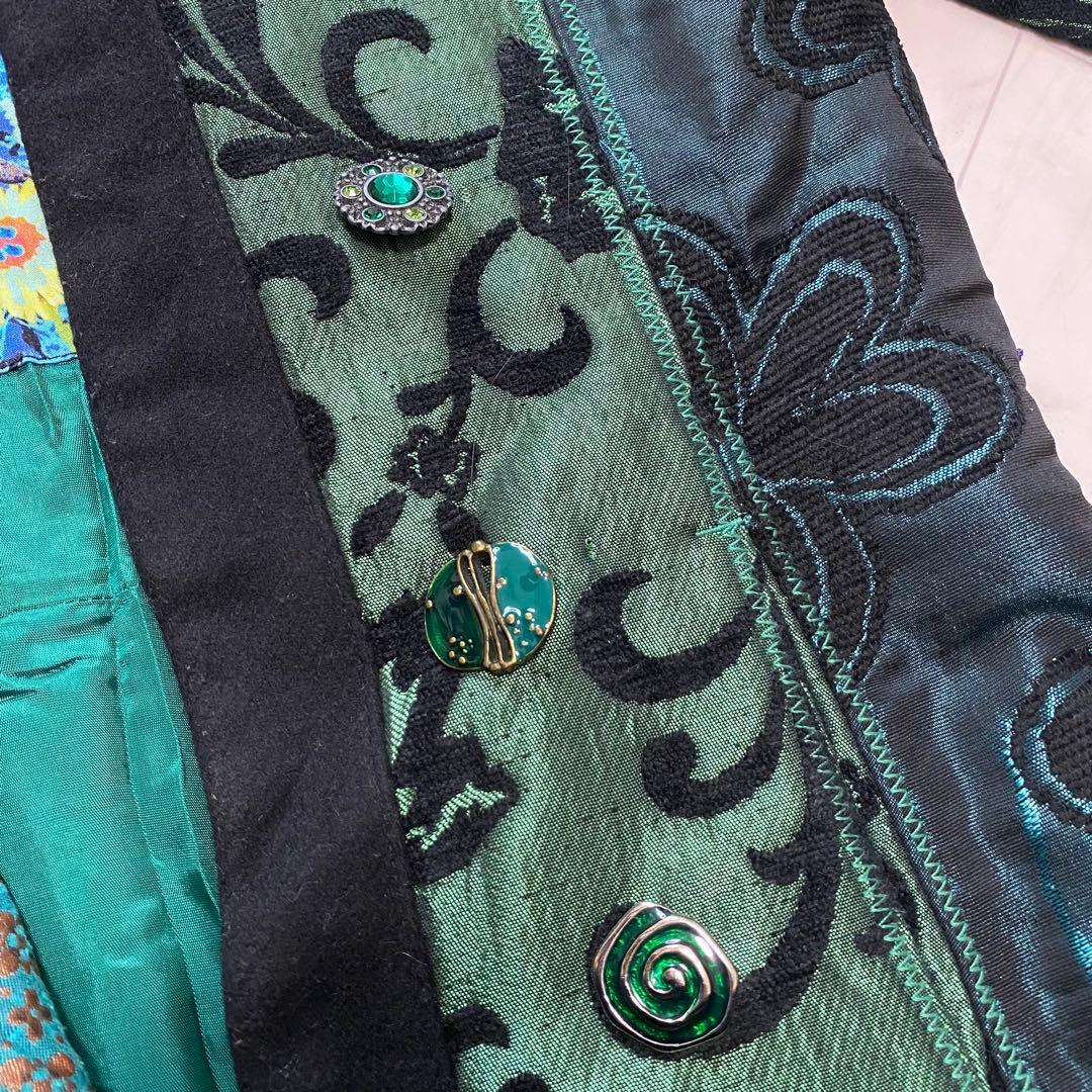 Desigual 総柄　異素材切り替え　ステンカラーコート　飾りボタン