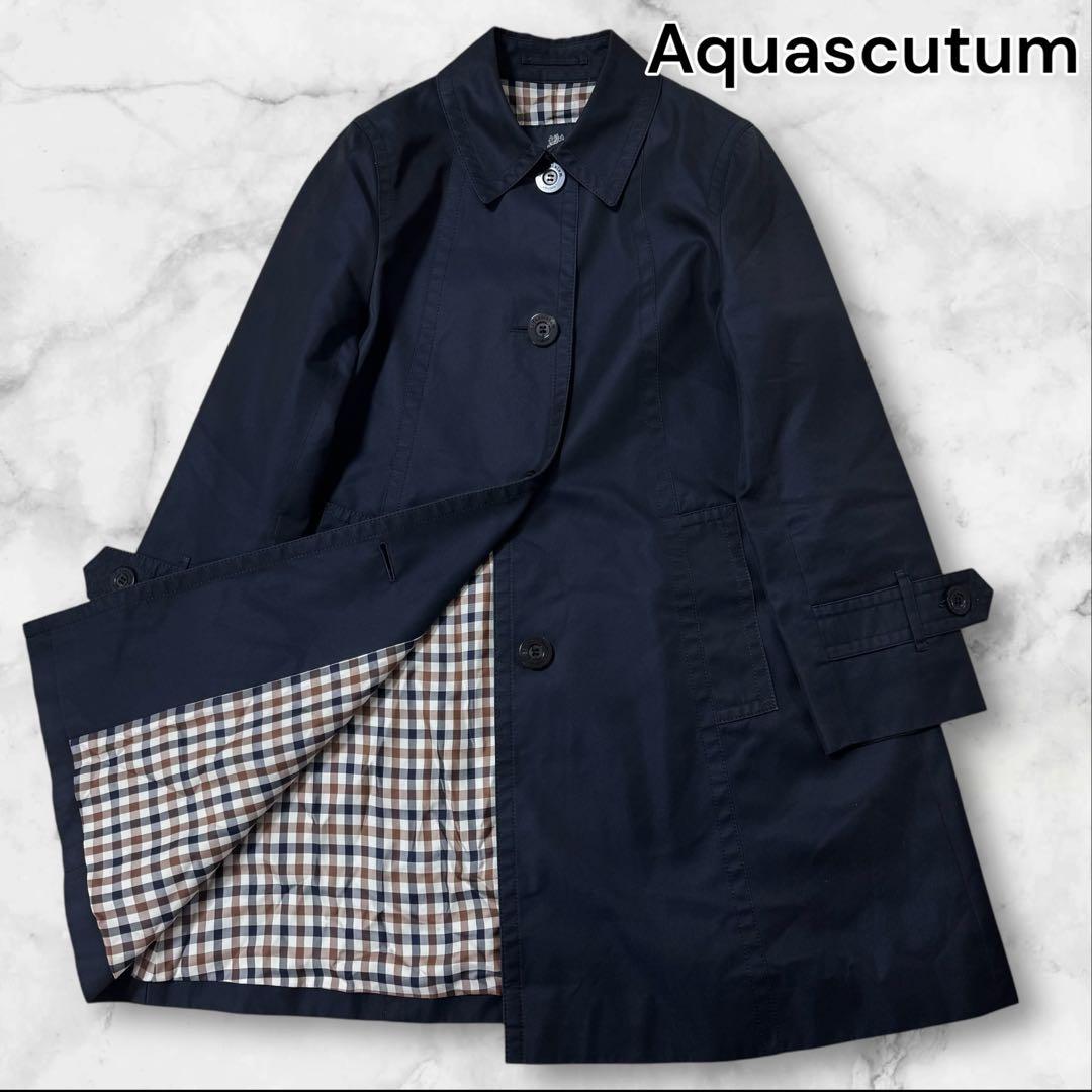 美品 Aquascutum ステンカラーコート ロゴボタン クラブチェック