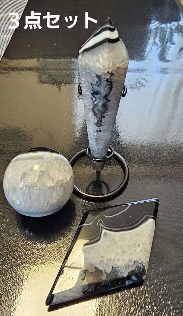 お得セット！水晶共生ブラック瑪瑙★虹多数３点セット六角柱 スフィア.オマケ有！！