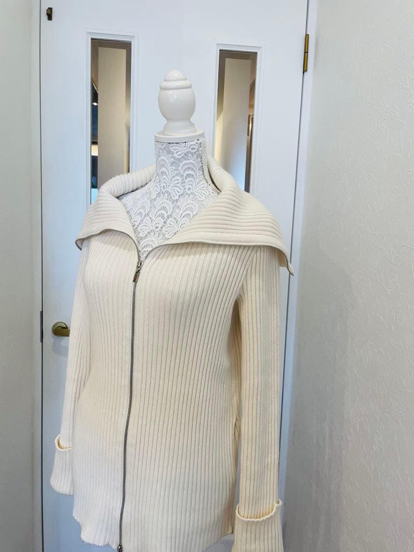 FOXEY リブニット　ジップカーディガン 38 M カシミヤ混　ビッグカラー