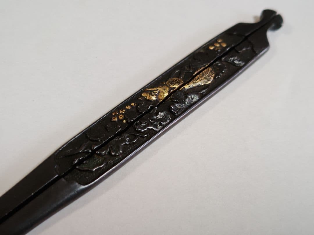 江戸期 　割笄　赤銅　金象嵌