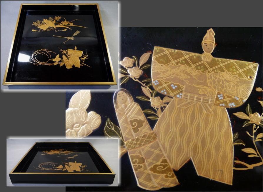 美しい立雛ノ図と兜ノ図　木製金蒔絵　四方盆の大　27.3cm　桃の節句端午の節句