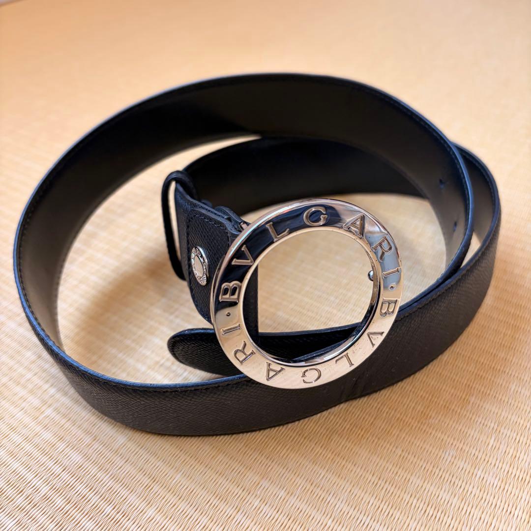 BULGARI ブラックレザーベルト　ブランド　ブルガリ　美品　サークルロゴ