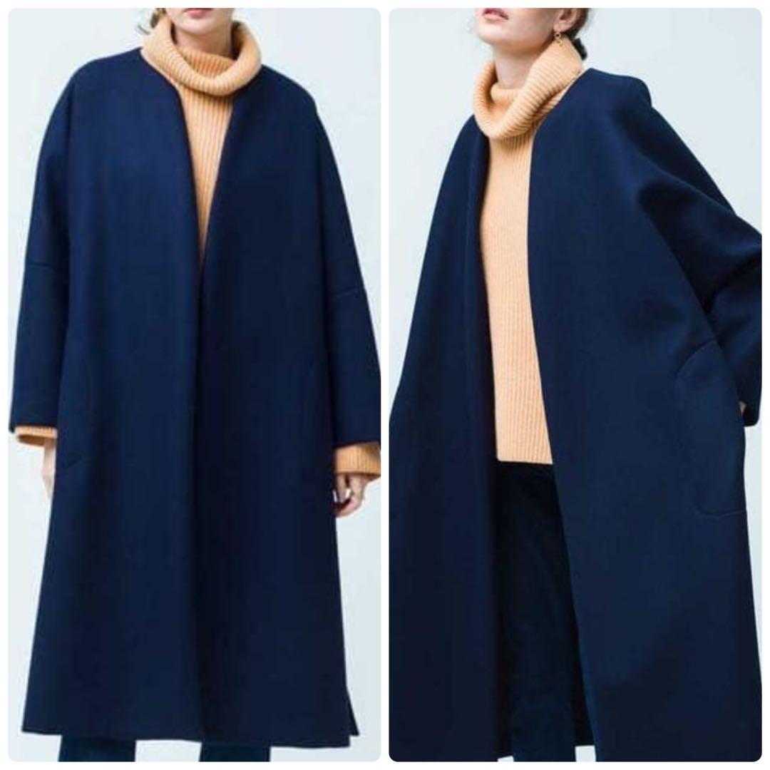 極美品▲ebure × ロンハーマン//ノーカラーウールボンディングコート▲紺色