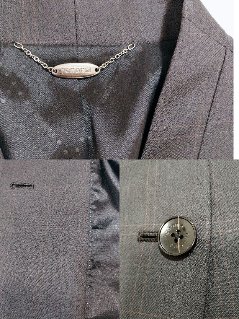 レノマ　ノーカラー　スーツ　パンツ　セットアップ　チェック　裏地ロゴ